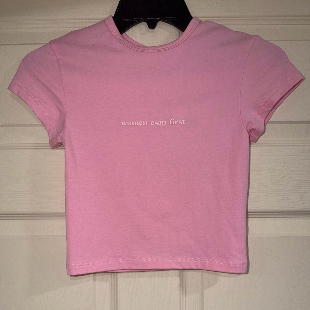 Voight By Valentina Women Cum First Pink Baby Tee Crop Top Shirt NWT